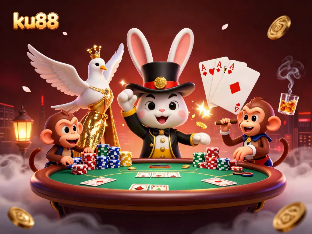 Experience exciting gameplay at ku88 with a magician rabbit, dazzling coins, and vibrant poker elements.