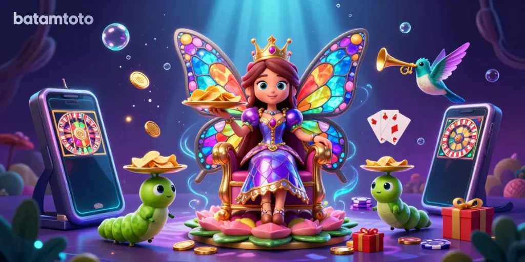 Engage with batamtoto's vibrant casino world featuring a butterfly queen and dynamic slot games.