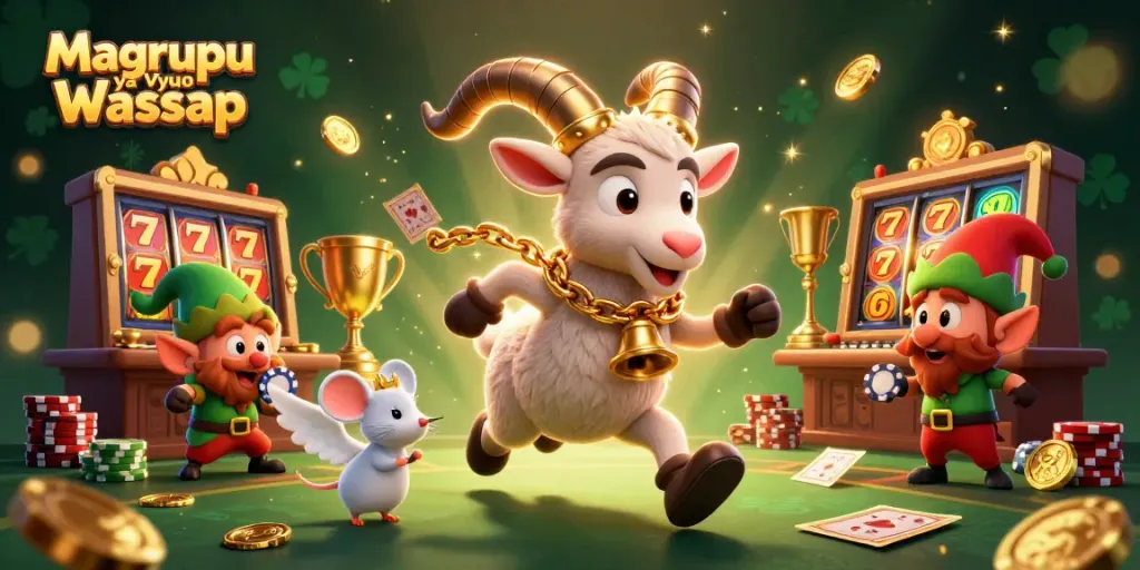 Magrupu ya Vyuo Watsapp showcases a festive casino scene with 3D characters amidst sparkling slot reels.