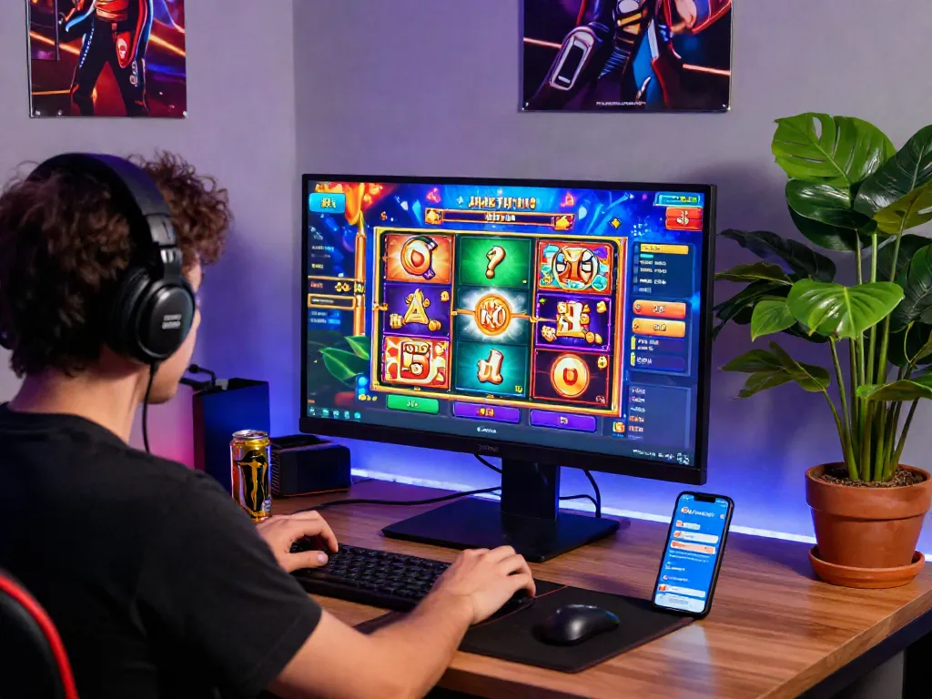 Player enjoying online slots with vibrant animations and slot jackpot alerts in a cozy gaming nook.