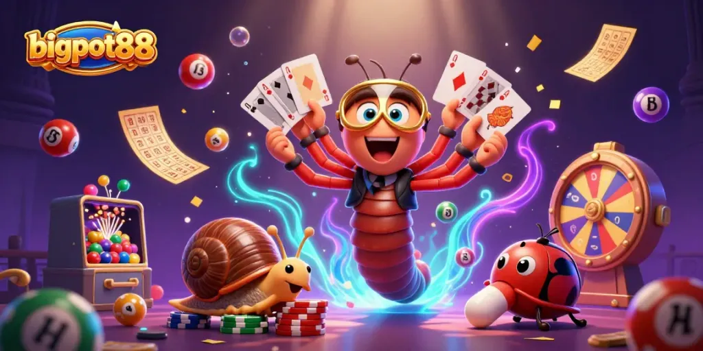 bigpot88 menghadirkan suasana kasino yang mendebarkan dengan dealer kartun dan simbol jackpot mengelilinginya.