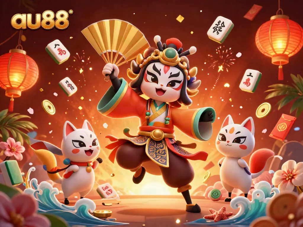 Experience the vibrant 3D scene of au88 with interactive elements and iconic casino symbols.
