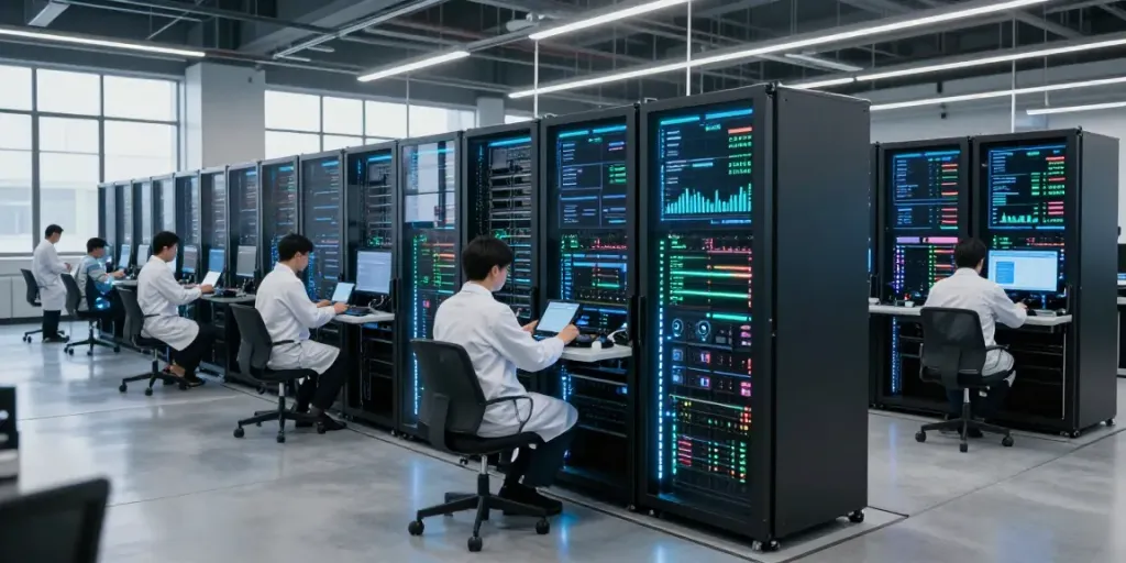 Illuminated AI data center featuring high-density GPU servers and engineers monitoring operations.