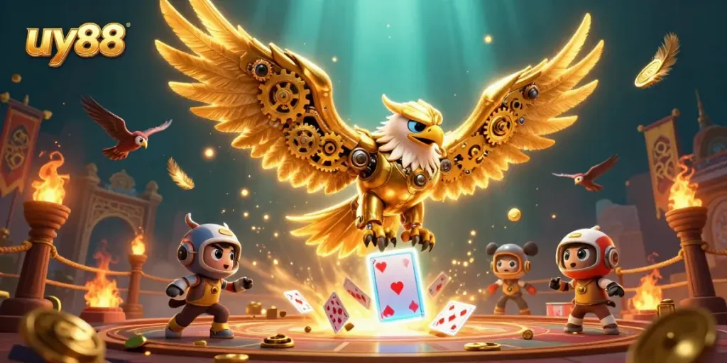Experience excitement at uy88 with a vivid 3D illustration of a golden eagle amid dynamic casino elements.