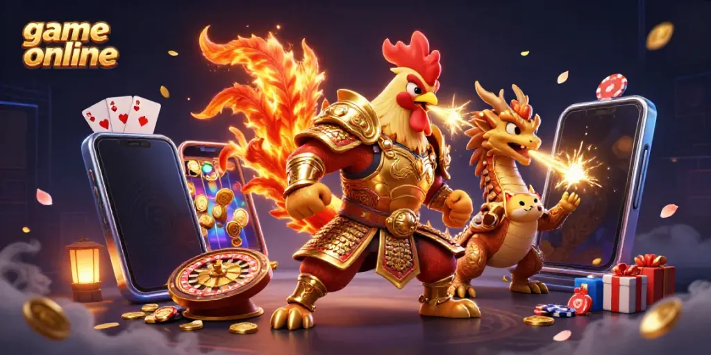 Experience the thrill of game online with a powerful cartoon rooster and dragon in an engaging casino scene.