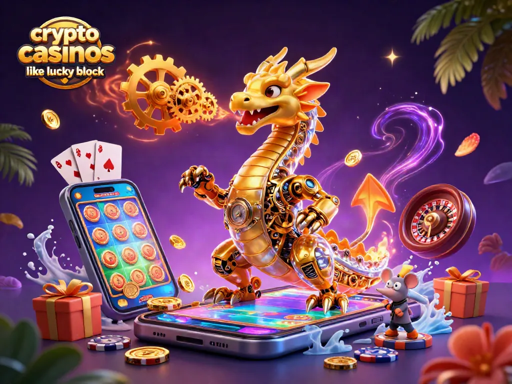 Engage with crypto casinos like lucky block through a vibrant 3D scene featuring slots and cards.