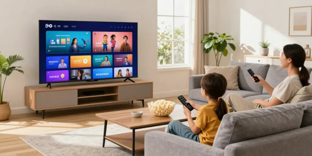 Family enjoying IPTV streaming on a modern TV in a cozy living room.