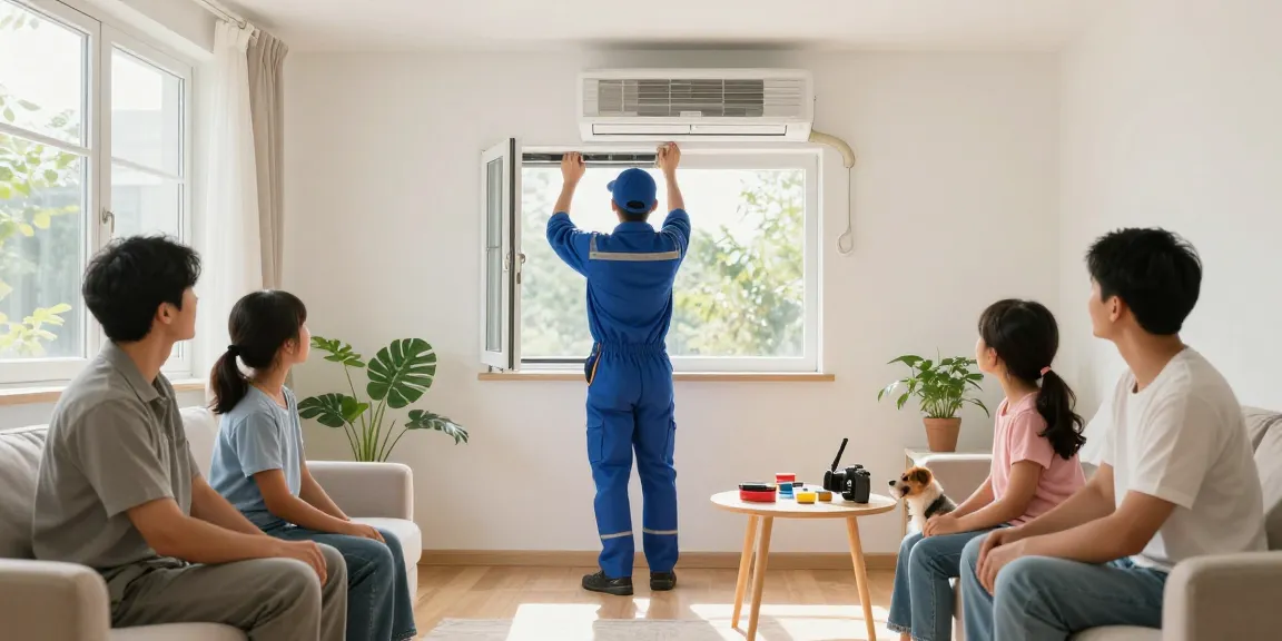 Window AC repair technician servicing a window unit in a bright living room, ensuring optimal cooling.