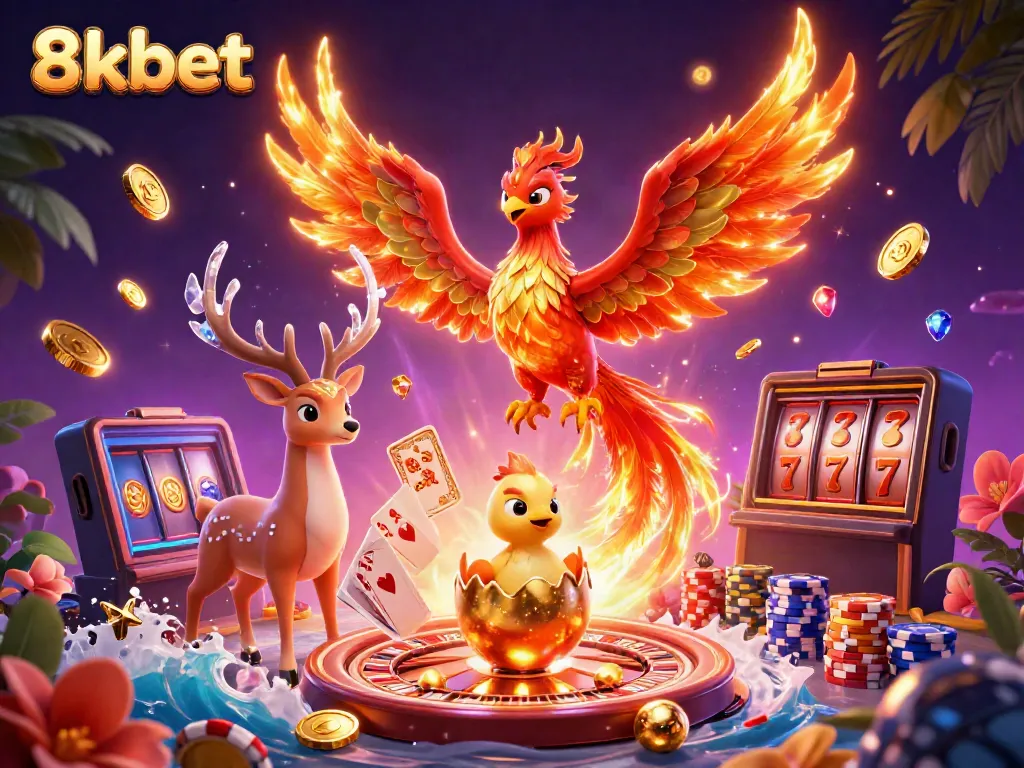 Experience the thrill of 8xbet with vibrant casino elements and magical creatures in a stunning 3D illustration.