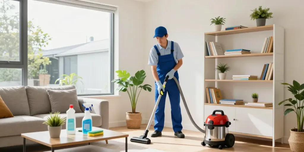 End of lease cleaning in Melbourne, professional cleaner dusting surfaces in a sunlit living room.