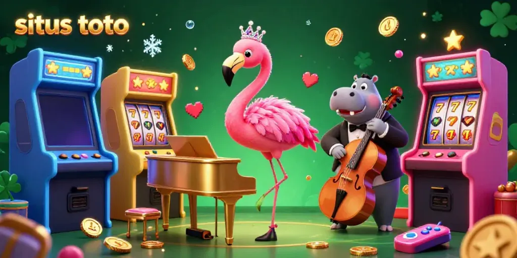 Gambarkan suasana kasino ceria dengan karakter flamingo dan hippo, termasuk elemen situs toto dan mesin permainan.