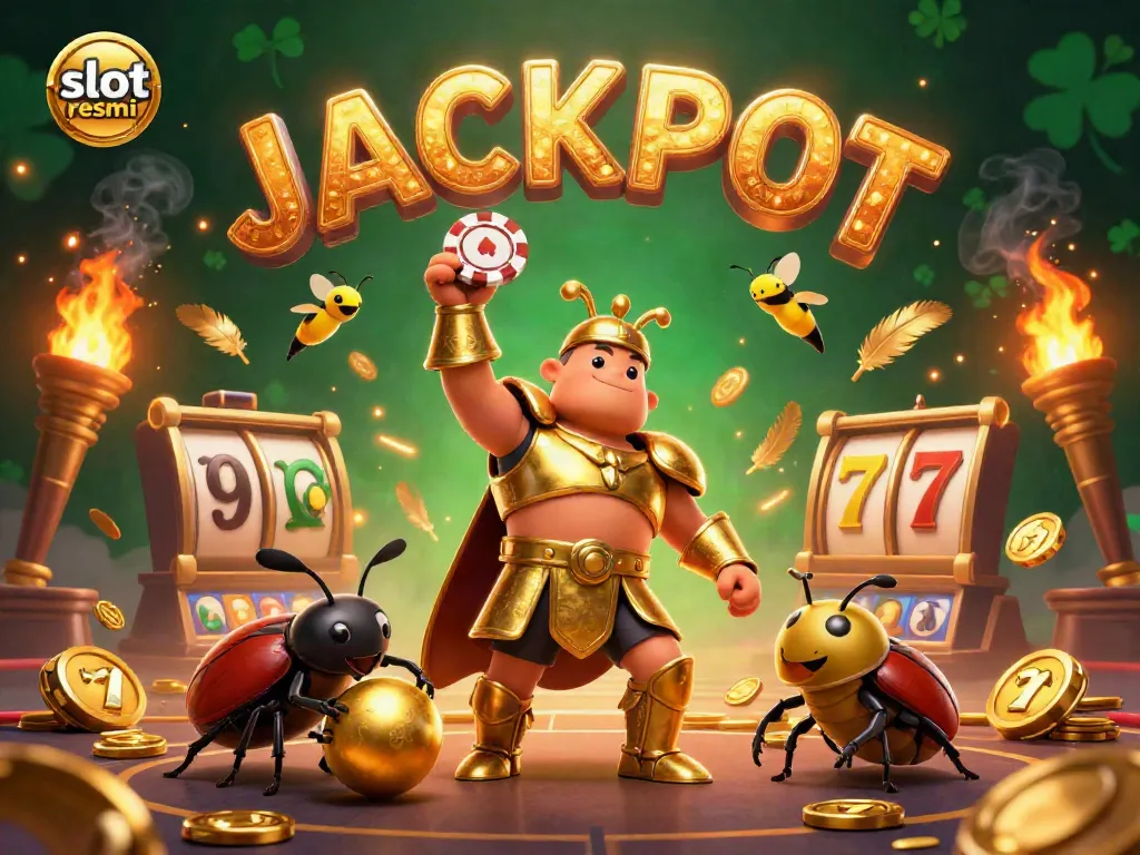 Engage in thrilling wins with slot resmi featuring a victorious beetle in golden armor, celebrating amidst a dynamic casino scene.