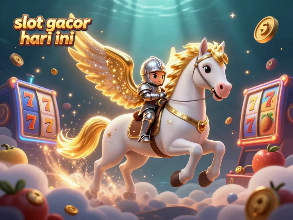 Experience the excitement of slot gacor hari ini with a vibrant 3D scene showcasing a golden-winged horse and colorful slot elements.