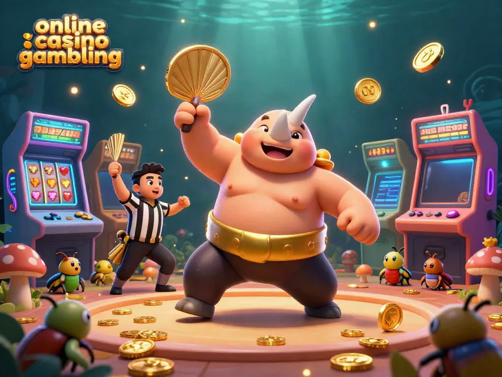 Experience online casino gambling with a sumo beetle champion, vibrant arcade elements, and golden coins.