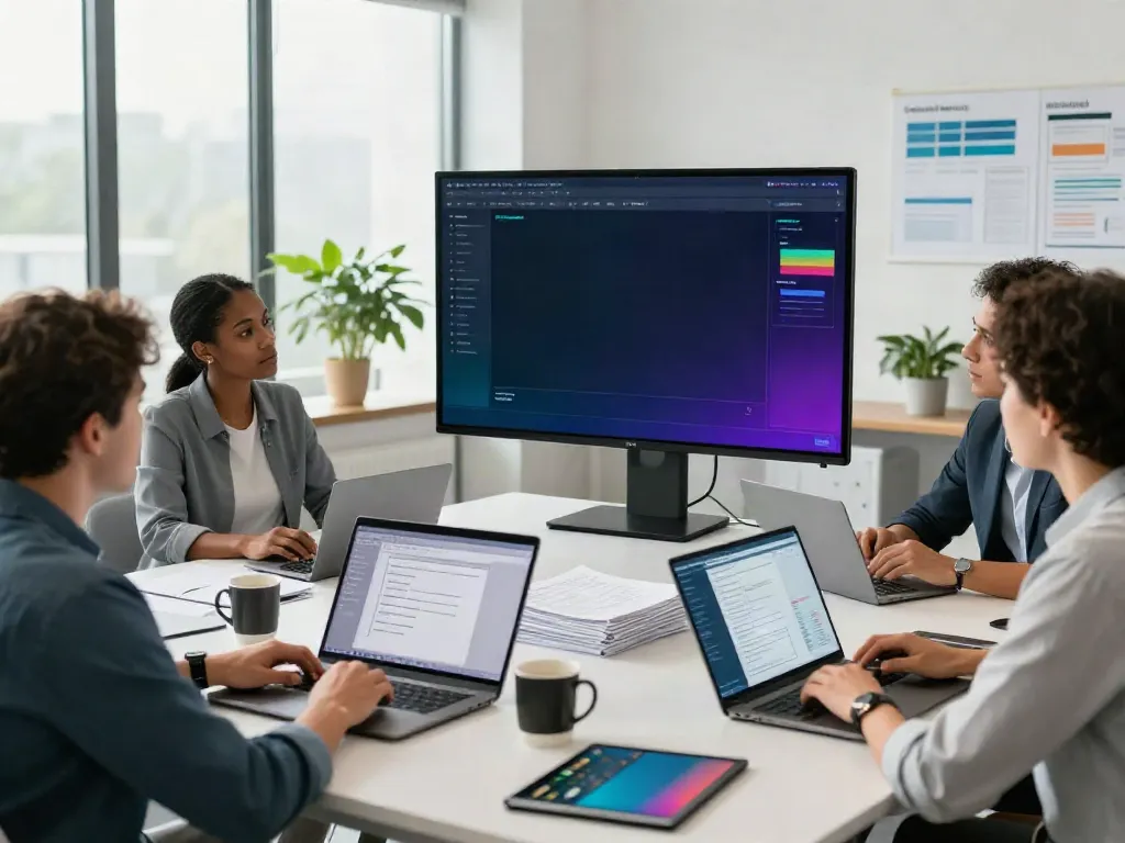 Tax professionals collaborating on low-cost professional tax software in a modern office setting.