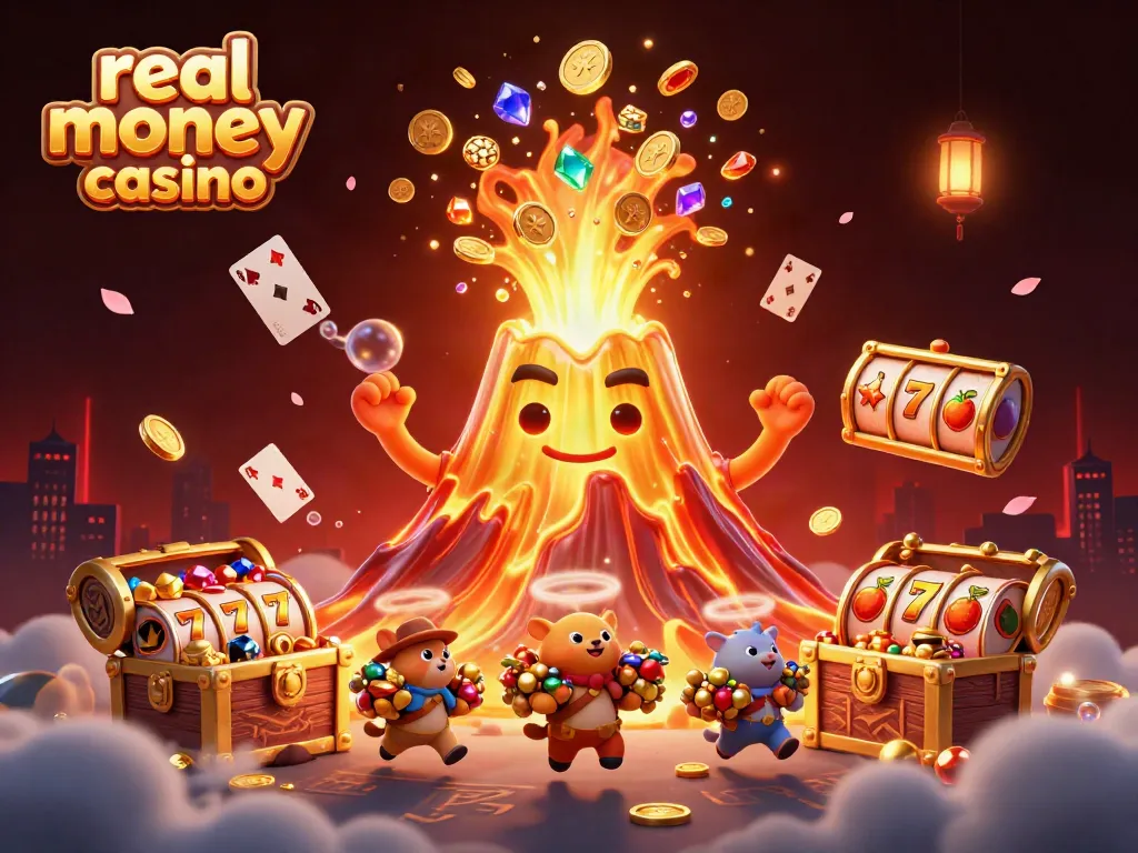 Experience the thrill of a real money casino with a dynamic scene of a golden volcano amidst treasure.