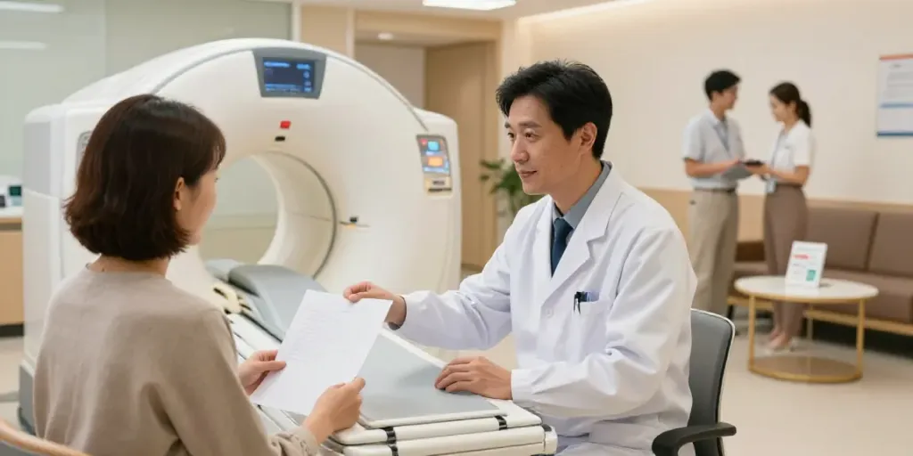 Röntgenreizbestrahlung in der Nähe – freundlicher Radiologe berät Patienten in moderner Praxis.