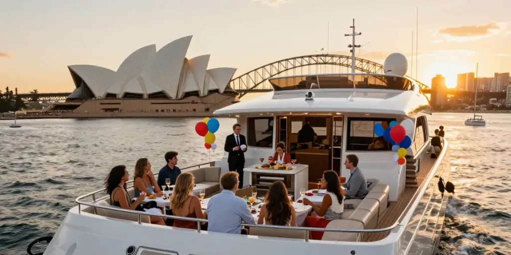 Private boat hire Sydney featuring a luxurious yacht party on Sydney Harbour at sunset