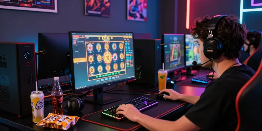 Engaging slot gaming scene revealing a player immersed in action, highlighting link alternatif proplay88 amidst a dynamic room filled with advanced gaming gear.