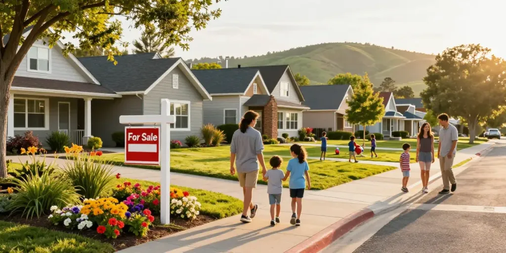 Engaging scene showcasing property for sale with families exploring homes in a vibrant neighborhood.