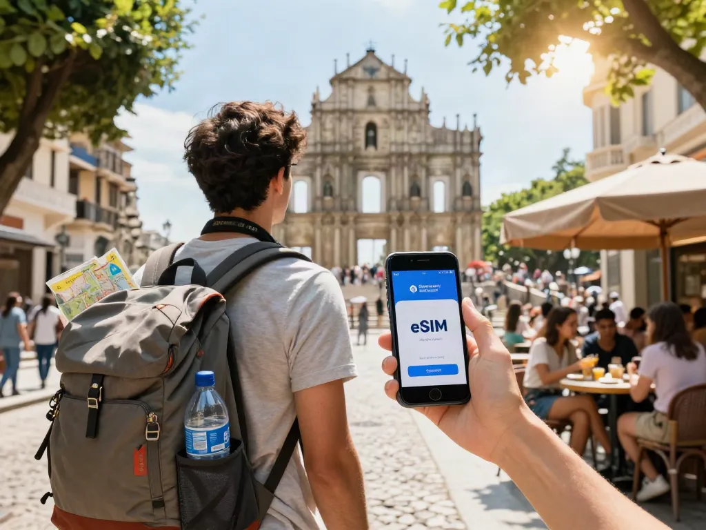 תייר מחובר עם Esim לחו"ל בעיר אירופית היסטורית, מחזיק בטלפון חכם עם מסך הפעלת eSIM.