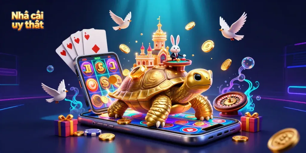 Experience the vibrant world of Nhà cái uy tín with a dazzling 3D casino scene featuring a golden tortoise and more.