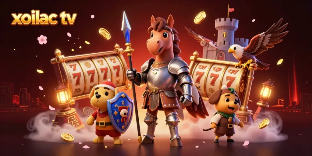Spin and win with xoilac tv in a vibrant casino-themed 3D illustration with knights.