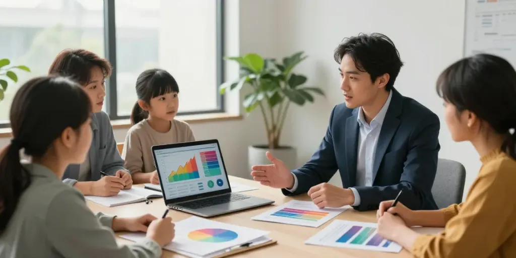 Financial Planner in Sydney discussing wealth strategies with a diverse family in a modern office setting.