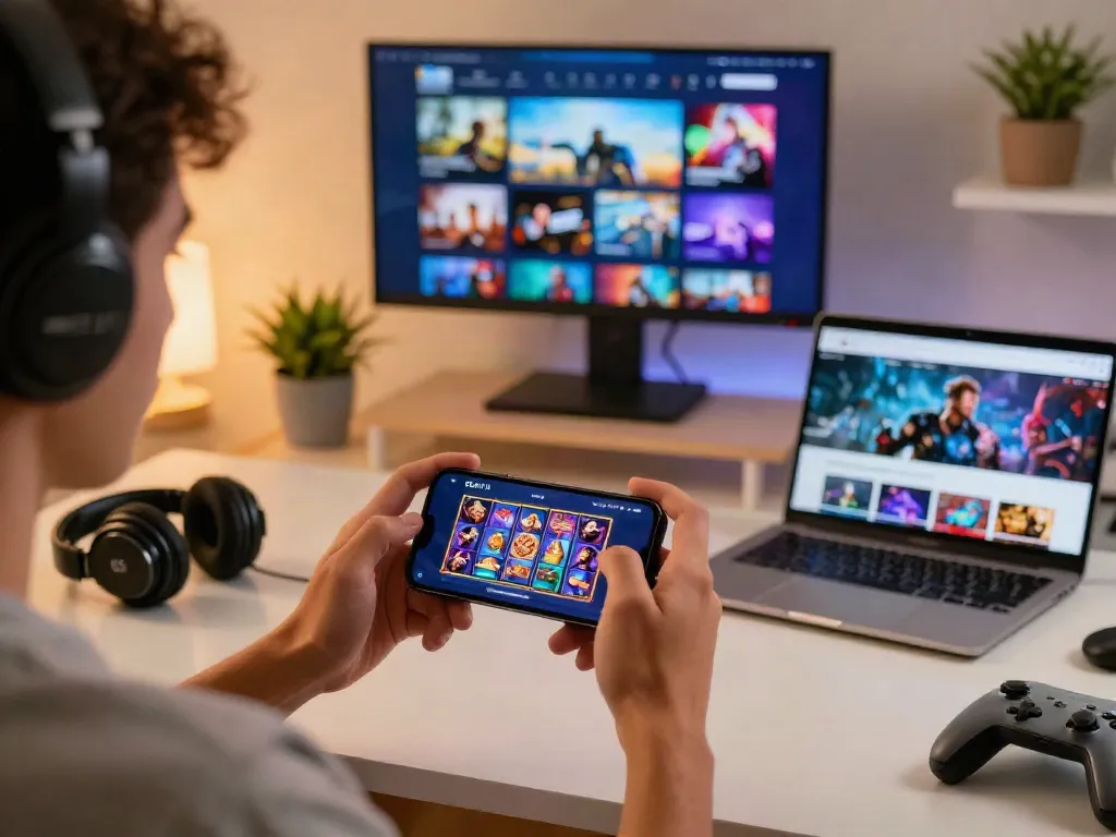 Pengguna menikmati permainan slot DEWI19 di ponsel dengan suasana hangat dan aksesori gaming.