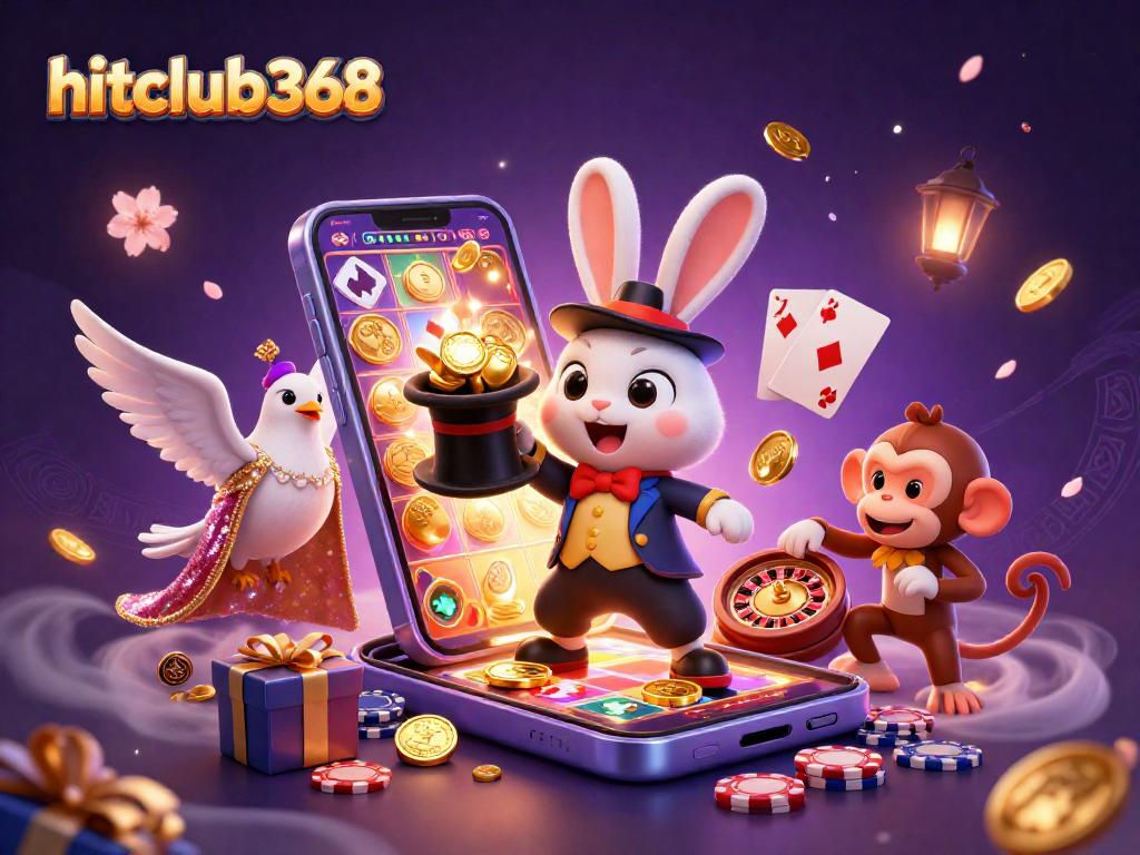Engage in the thrilling world of hitclub368 with vibrant characters, golden coins, and slot games.