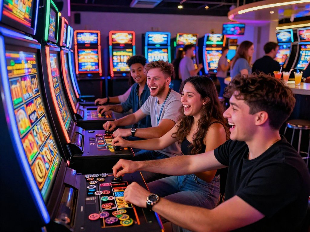 Friends celebrating a win at a slot machine in a vibrant gaming lounge.