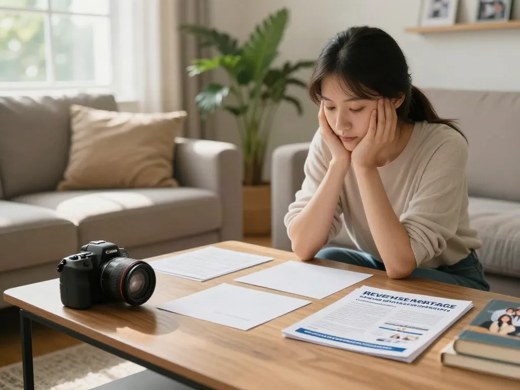 Homeowner reviewing reverse mortgages documents in a cozy living room.