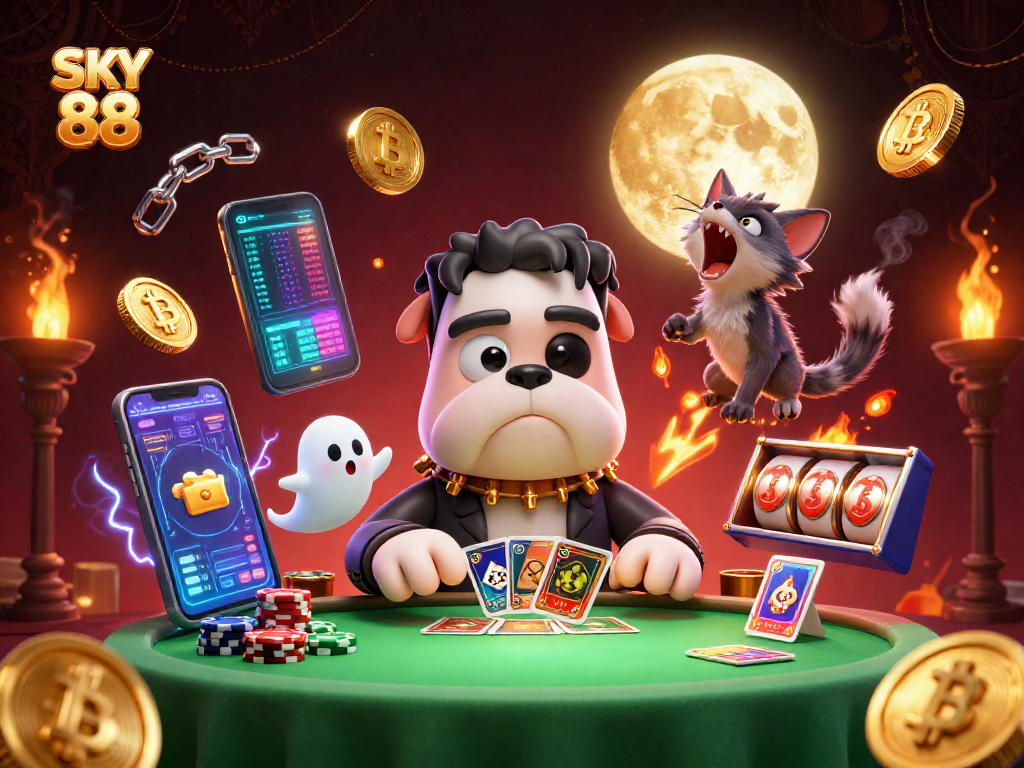 Experience thrilling gameplay at SKY 88 with a lively scene featuring a unique card dealer, crypto elements, and casino vibes.