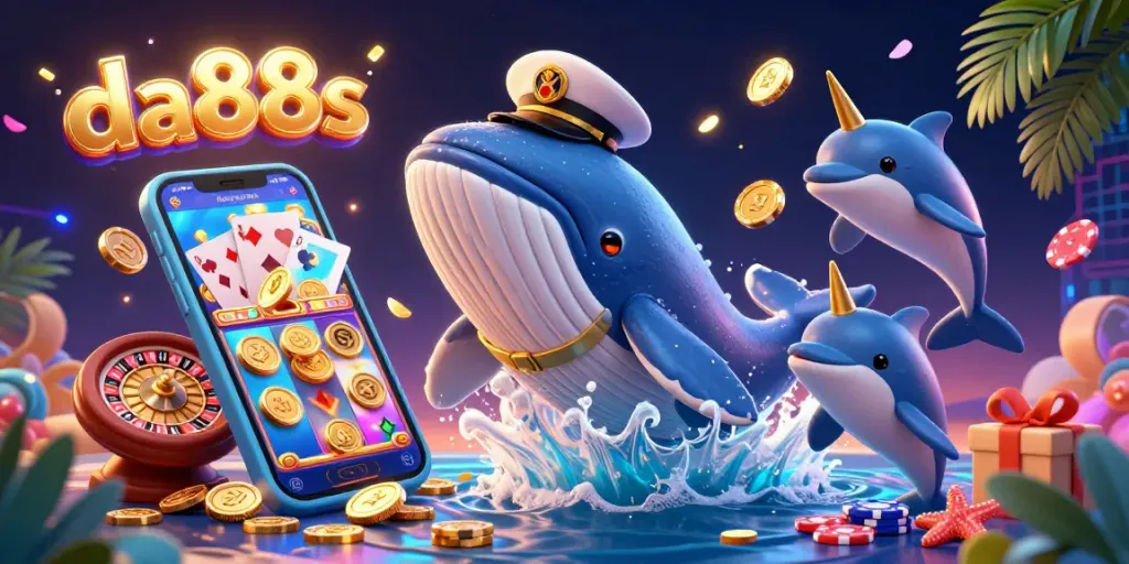 Engage with da88s' thrilling experience as a cartoon whale breaches coins while dolphins dance with poker chips.