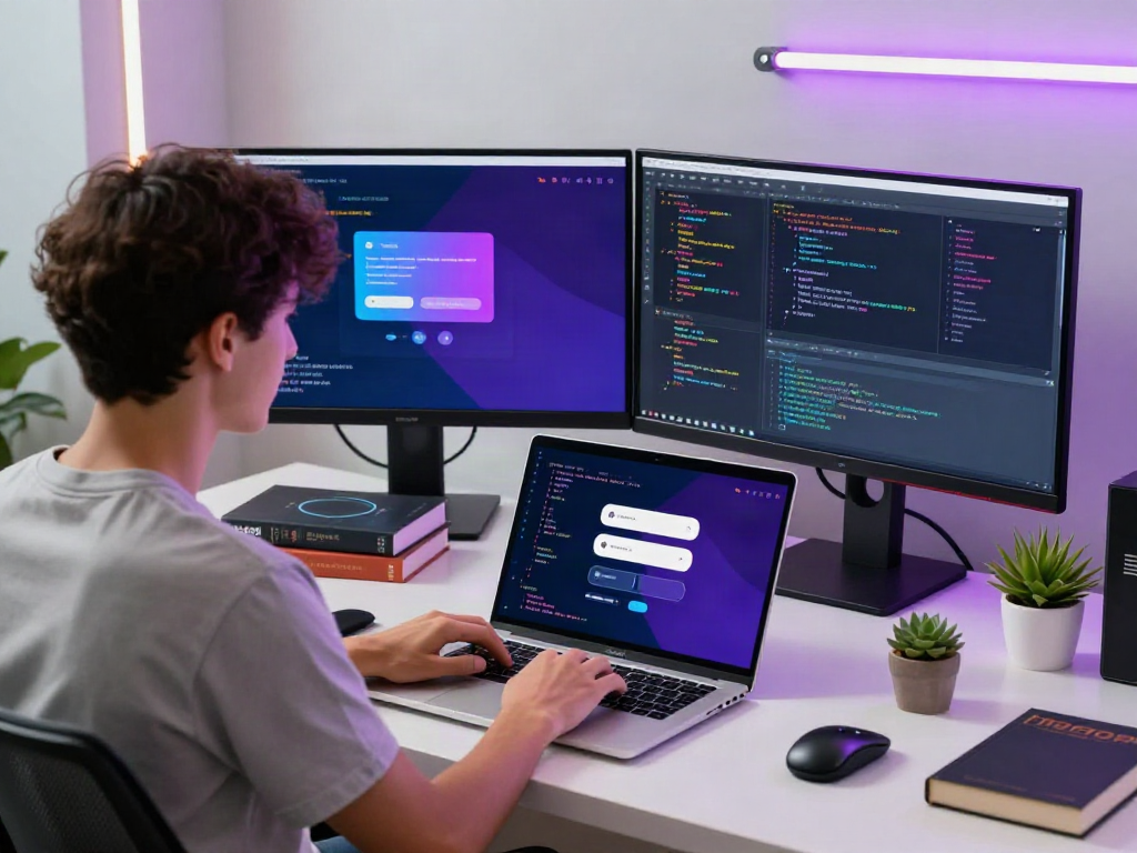 Developer coding gb whatsapp interface in a modern workspace.