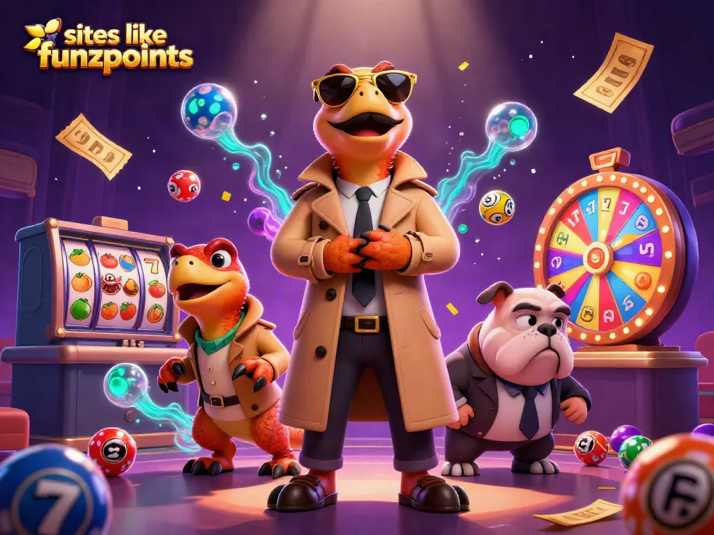 Win with sites like funzpoints at a vibrant casino scene featuring raptors and playful gaming elements.