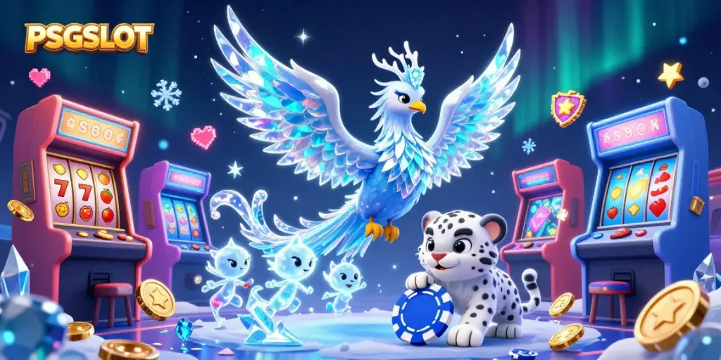 Experience the excitement of PSGSLOT with a vibrant 3D illustration of an ice phoenix and gaming elements.