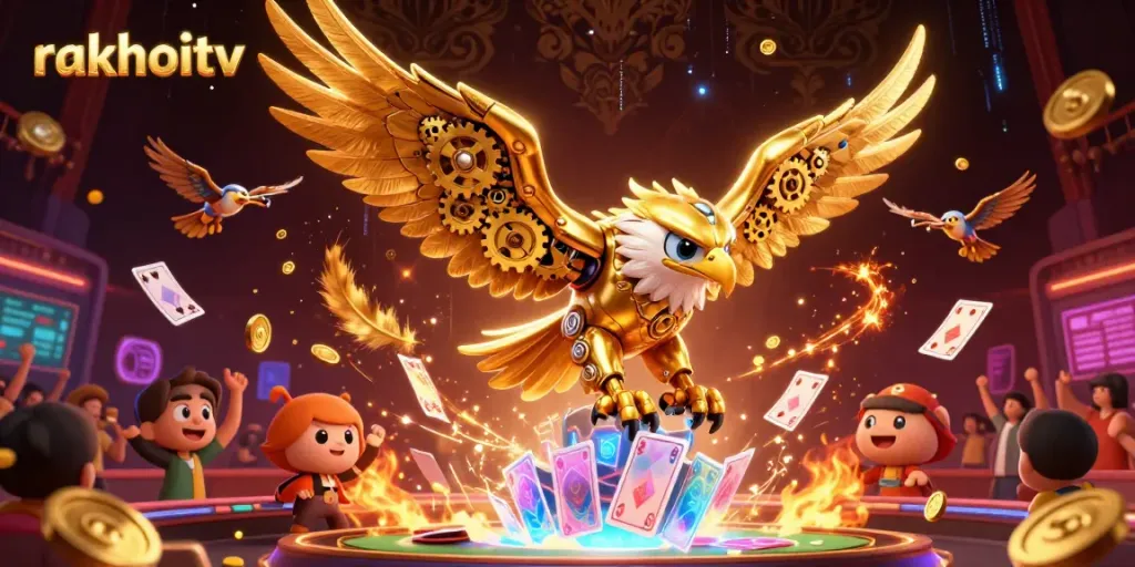Engaging sport betting illustration of rakhoitv with flying cards, eagle, and dynamic action elements.