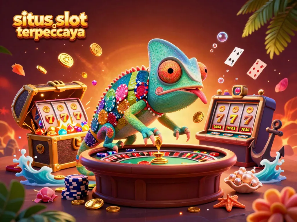 Engaging scene showcasing situs slot gacor terpercaya through a chameleon casino owner, dynamic game elements, and vibrant colors.
