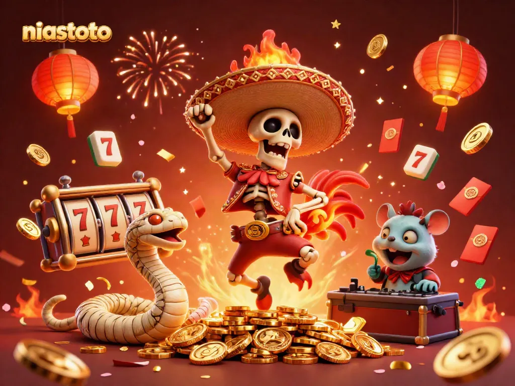 Experience thrilling wins with niastoto featuring a vibrant 3D cartoon scene of a dancing rooster and celebrating characters.