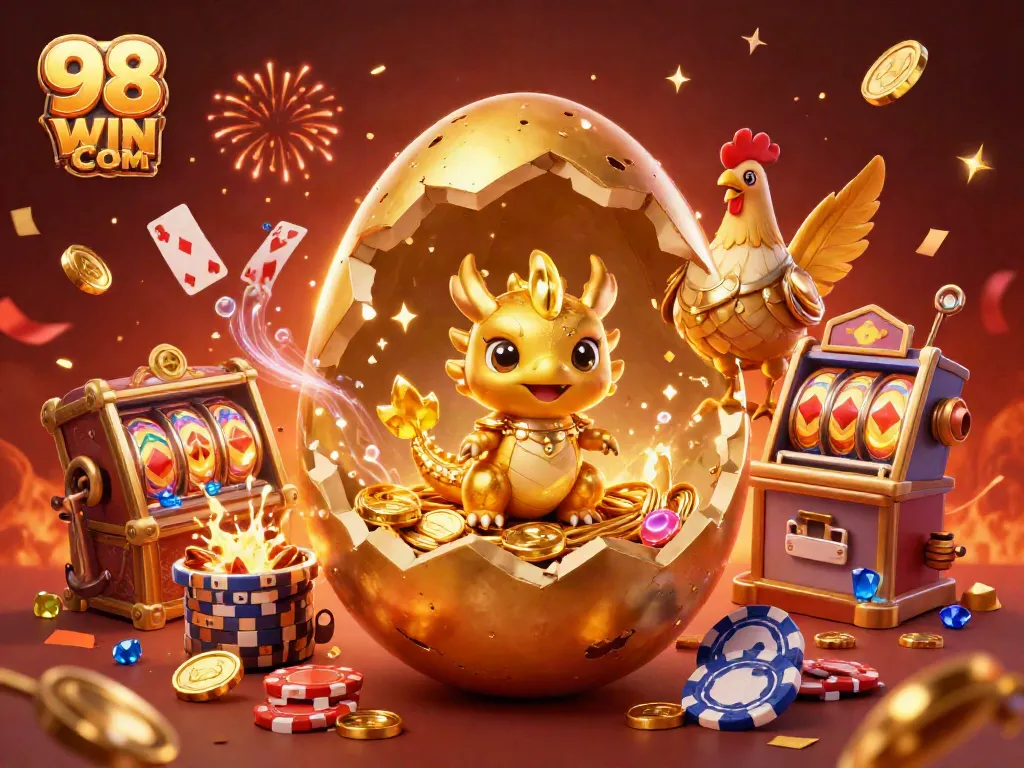 Experience the thrill of 98 WIN COM with a golden dragon and poker chips in a vibrant casino scene.