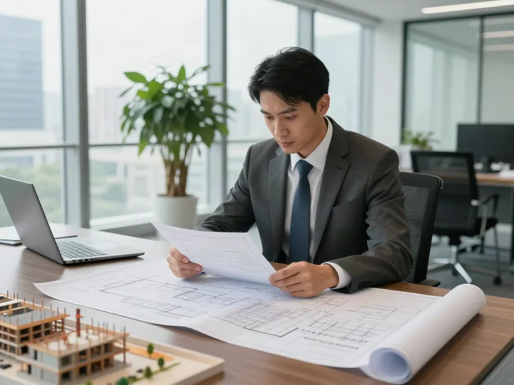 Construction arbitration lawyer Dubai reviewing legal documents in modern office setting