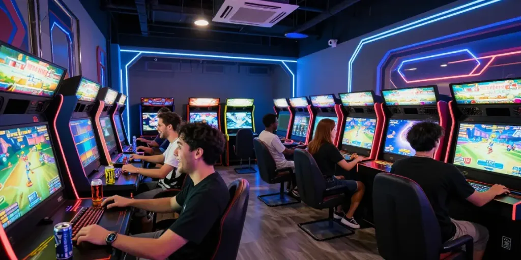 Players enjoying PG电子 games in a vibrant arcade environment with LED screens and colorful decor.