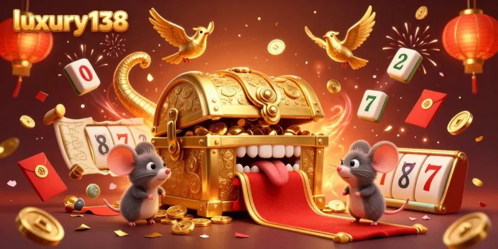 Experience the thrilling world of luxury138 with an exciting 3D treasure chest luring players amidst vibrant casino elements.