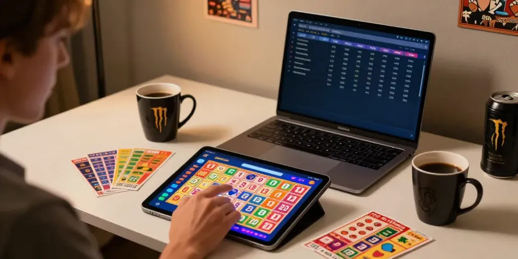 Pengalaman bermain dewitogel dengan tampilan tablet penuh warna dan tiket lotere di meja stylish.