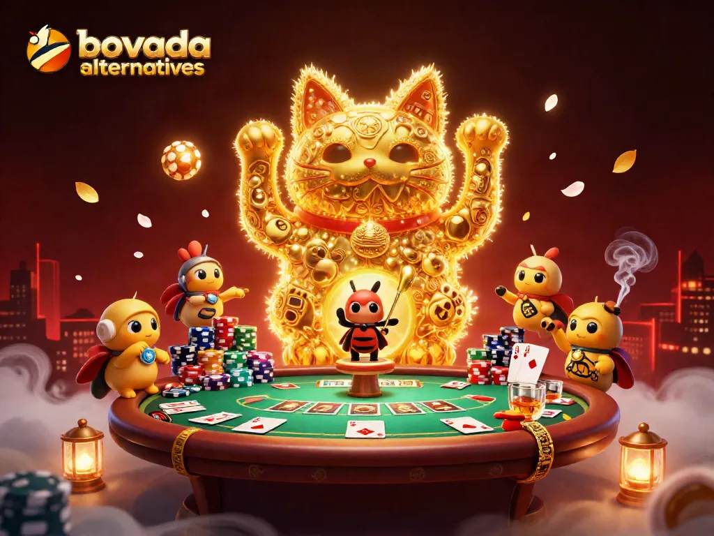 Engage with bovada alternatives in an ultra-detailed casino scene featuring a lucky cat and vibrant poker elements.