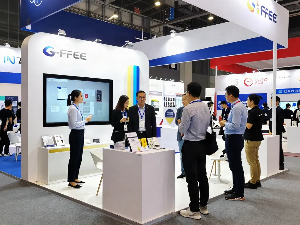 Custom exhibition stands engaging visitors at a bustling trade show with interactive displays and vibrant branding.