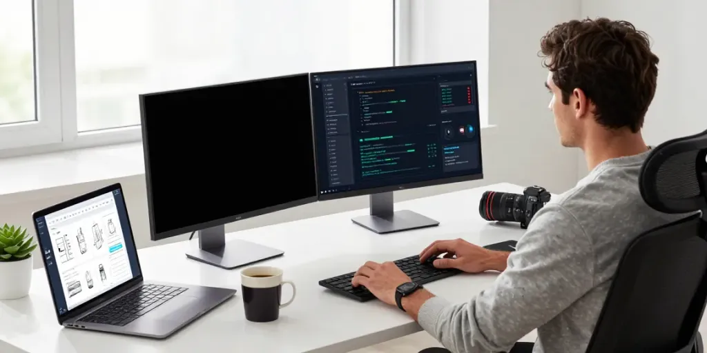 快连 technology workspace with developer analyzing network performance on dual monitors.