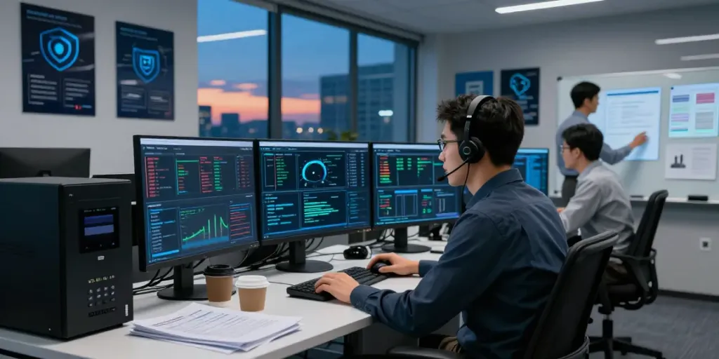 Cyber intelligence analyst monitoring real-time threat data in a high-tech office for cybersecurity operations.