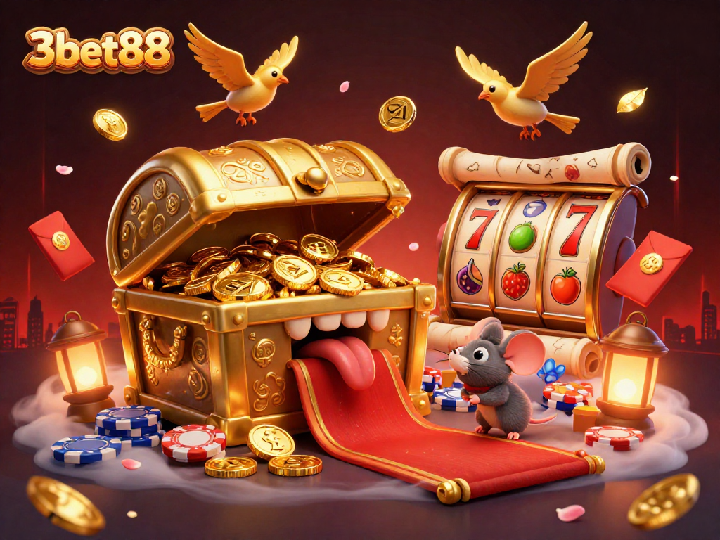 Engage with 3bet88’s thrilling casino experience illustrated with dynamic golden elements and treasure chest lure.